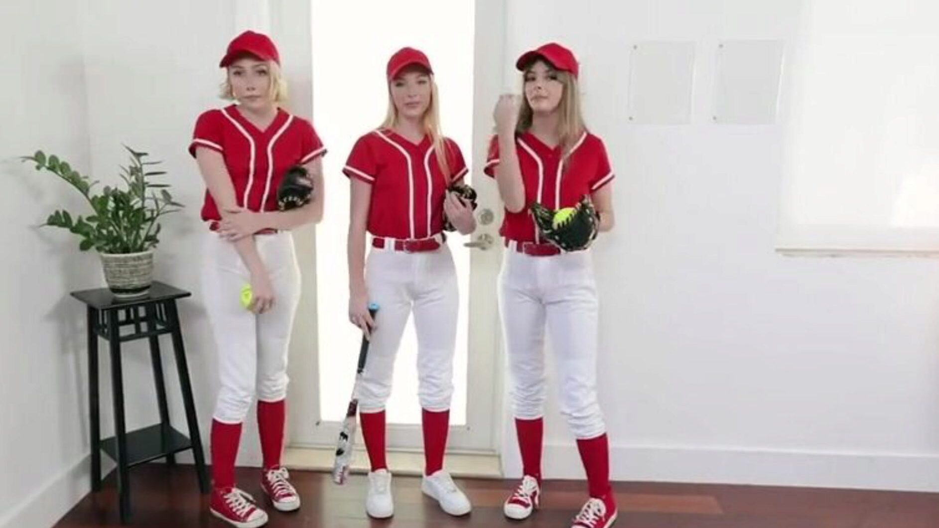 BFFS - 3 Fit Nubiles Acquire Screwed Hard By Their Trainer Baseball babes Dixie Lynn, Lola Leda, and Athena May have been prepping for the large game for a long time. They want to be in apex top shape to win big in the championship, and this day they are seeking some help from their beloved trainer This Chab demonstrates 'em how to decently realm a ball, getting 'em to bend down and perk their bubbly butts out one by one. Then, they take a nutritional break, letting him slide his girthy meat stick inside their tight slits They choke as that lad fucks 'em side by side, plunging his baseball bat into their love gloves They take turns bouncing on his meatpipe and then lay out to share a sticky spunk facial with a smile Those cuties beat a home run with this intensive one!